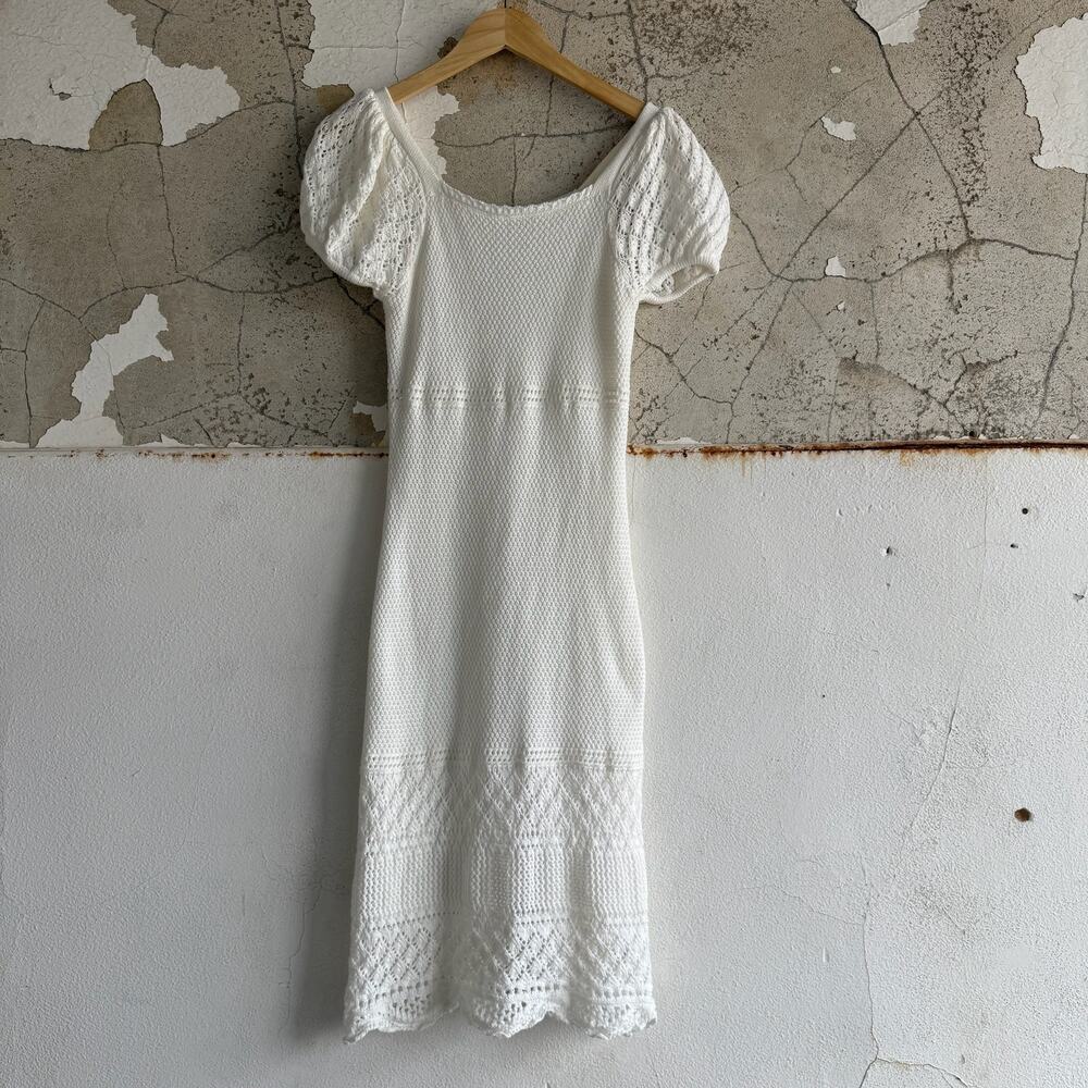 Puff Sleeve Dress White Crochet Knit Midi Cottagecore Romantic Boho Dress Small